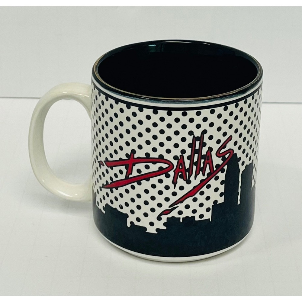 The Paradies Shops Dallas Skyline White Black Polka Dot 12oz Vintage Mug 1986